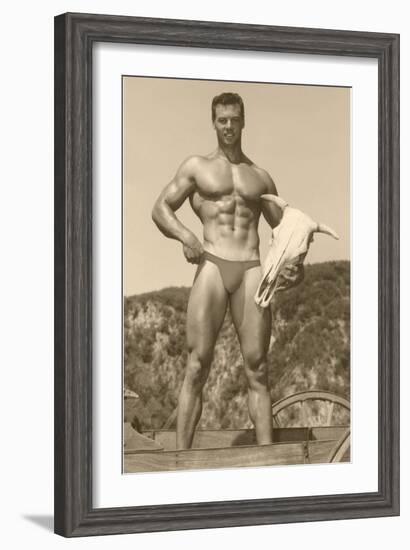 Muscle Man holding Cow Skull-null-Framed Art Print