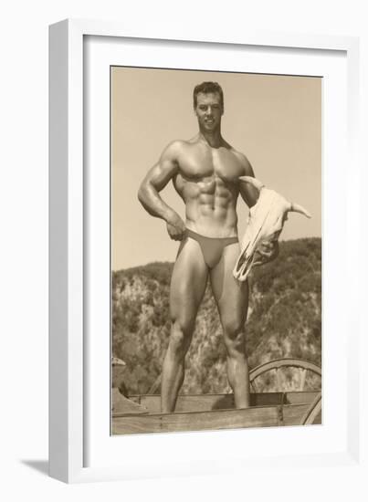 Muscle Man holding Cow Skull-null-Framed Art Print