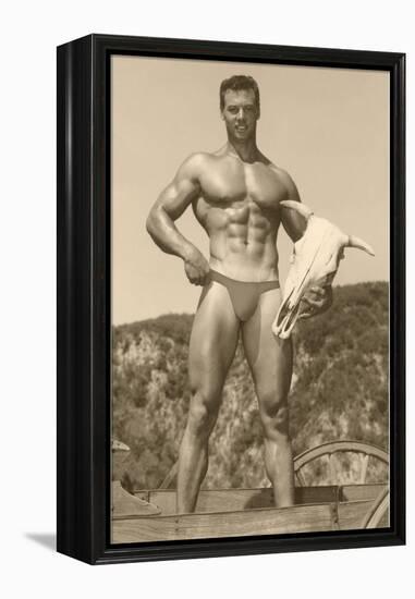 Muscle Man holding Cow Skull-null-Framed Stretched Canvas