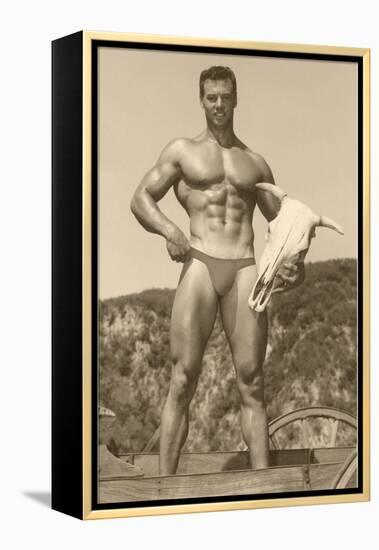 Muscle Man holding Cow Skull-null-Framed Stretched Canvas