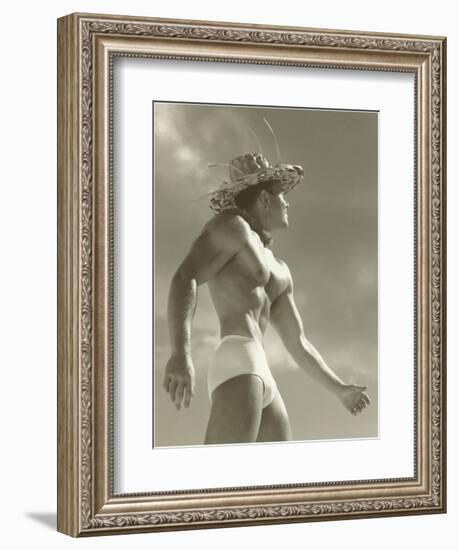 Muscle Man in Jockey Shorts and Straw Hat-null-Framed Art Print