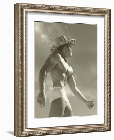 Muscle Man in Jockey Shorts and Straw Hat-null-Framed Art Print