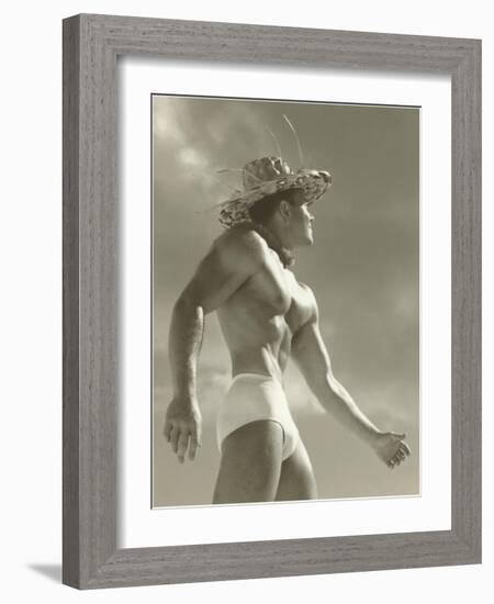 Muscle Man in Jockey Shorts and Straw Hat-null-Framed Art Print