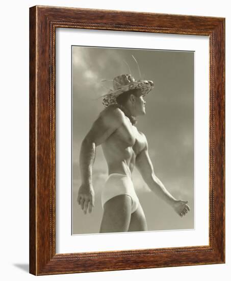 Muscle Man in Jockey Shorts and Straw Hat-null-Framed Art Print