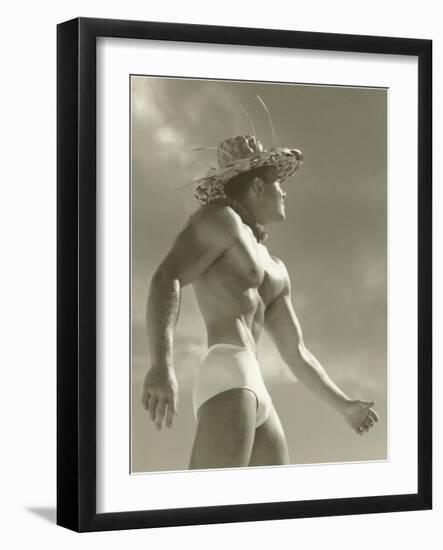 Muscle Man in Jockey Shorts and Straw Hat-null-Framed Art Print