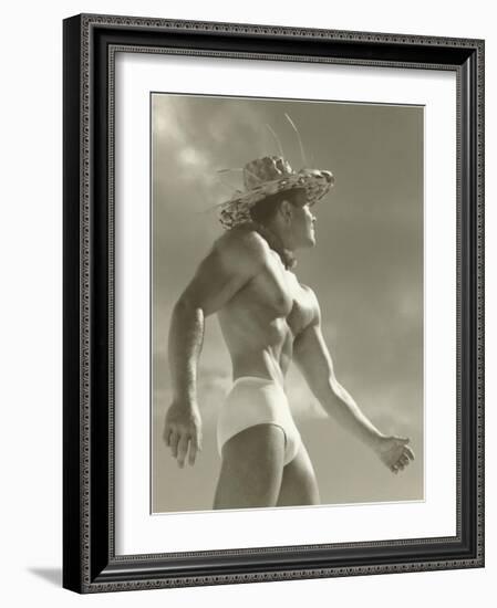 Muscle Man in Jockey Shorts and Straw Hat-null-Framed Art Print