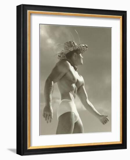 Muscle Man in Jockey Shorts and Straw Hat-null-Framed Art Print