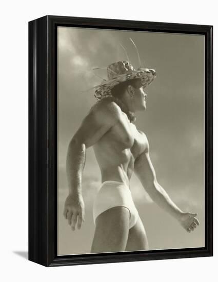 Muscle Man in Jockey Shorts and Straw Hat-null-Framed Stretched Canvas