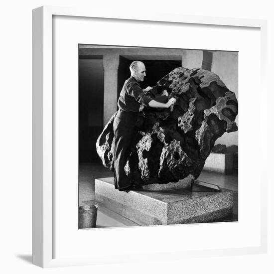 Museum Attendant Cleaning 14 Ton Willmette Meteorite, the Largest Found in the US-Jack Birns-Framed Photographic Print