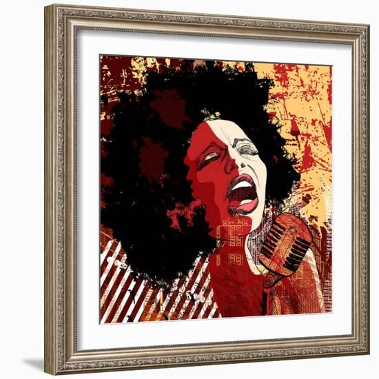 Music Jazz - Afro American Jazz Singer on Grunge Background - Vector Illustration-isaxar-Framed Art Print