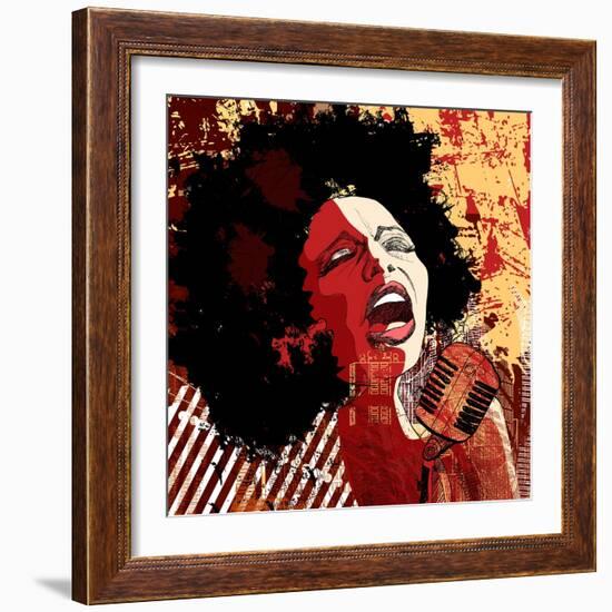 Music Jazz - Afro American Jazz Singer on Grunge Background - Vector Illustration-isaxar-Framed Art Print