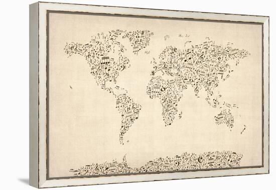 Music Notes Map of the World Map-Michael Tompsett-Framed Stretched Canvas