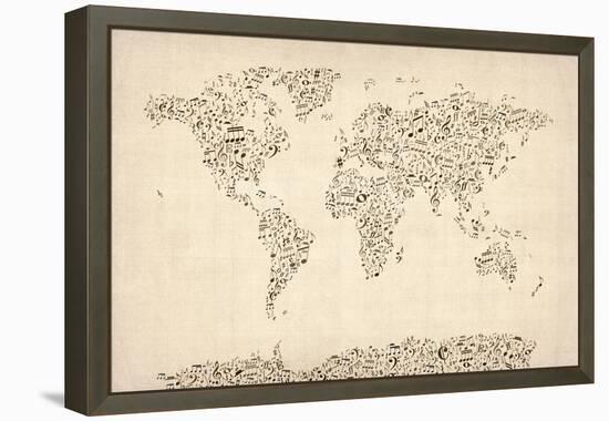 Music Notes Map of the World Map-Michael Tompsett-Framed Stretched Canvas