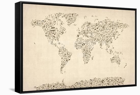 Music Notes Map of the World Map-Michael Tompsett-Framed Stretched Canvas