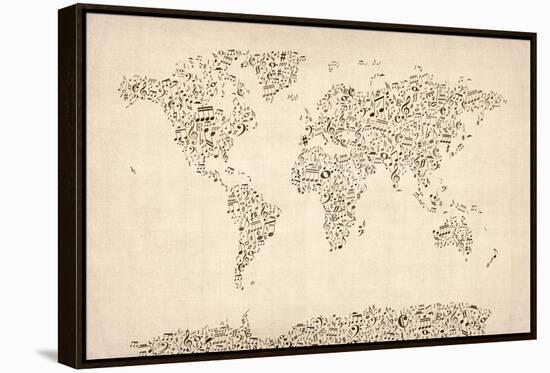 Music Notes Map of the World Map-Michael Tompsett-Framed Stretched Canvas