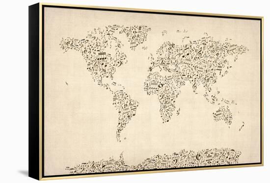 Music Notes Map of the World Map-Michael Tompsett-Framed Stretched Canvas