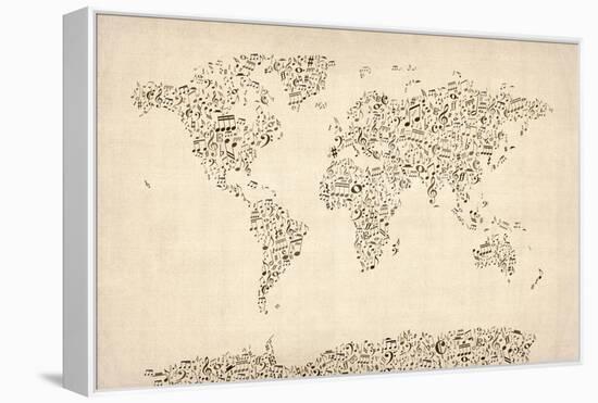 Music Notes Map of the World Map-Michael Tompsett-Framed Stretched Canvas