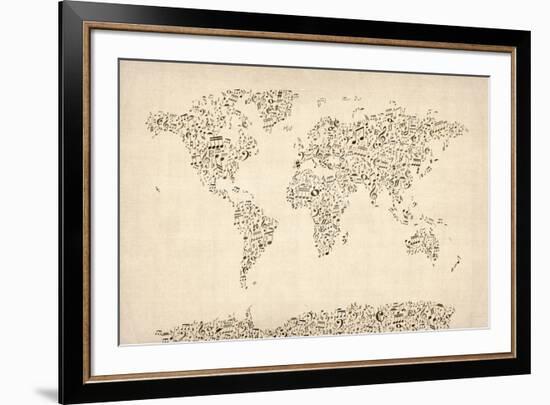 Music Notes Map of the World Map-Michael Tompsett-Framed Art Print