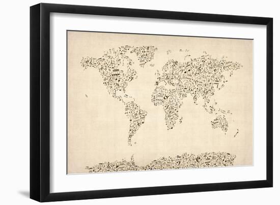 Music Notes Map of the World Map-Michael Tompsett-Framed Premium Giclee Print