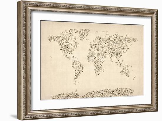 Music Notes Map of the World Map-Michael Tompsett-Framed Art Print