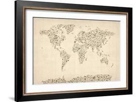 Music Notes Map of the World Map-Michael Tompsett-Framed Art Print