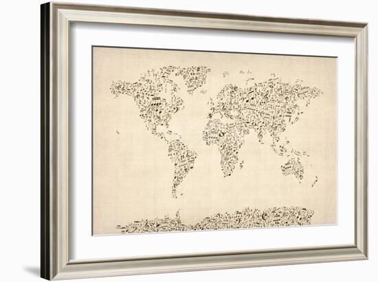 Music Notes Map of the World Map-Michael Tompsett-Framed Art Print