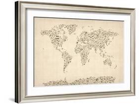 Music Notes Map of the World Map-Michael Tompsett-Framed Art Print