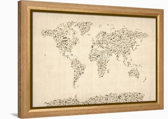 Music Notes Map of the World Map-Michael Tompsett-Framed Stretched Canvas