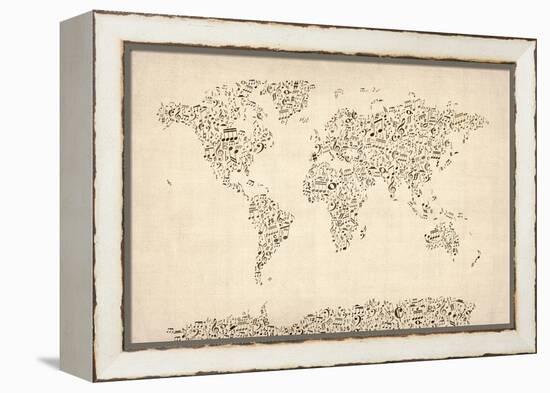 Music Notes Map of the World Map-Michael Tompsett-Framed Stretched Canvas