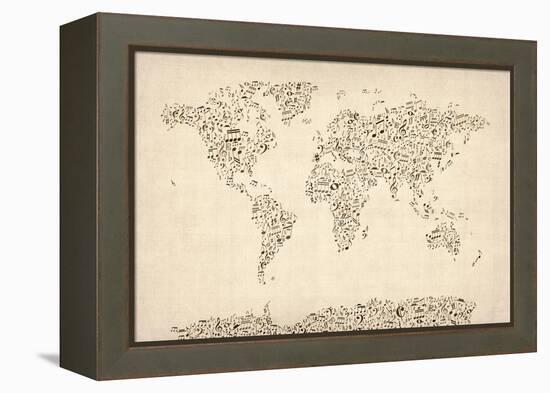 Music Notes Map of the World Map-Michael Tompsett-Framed Stretched Canvas