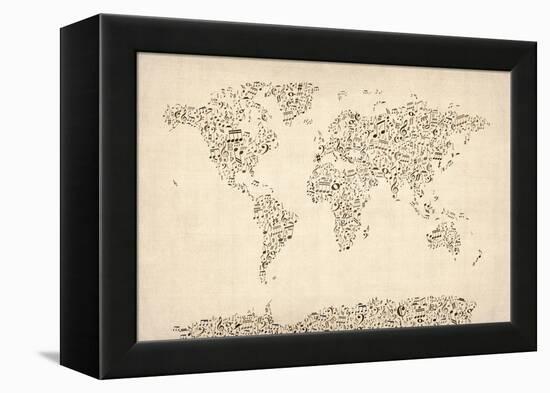 Music Notes Map of the World Map-Michael Tompsett-Framed Stretched Canvas