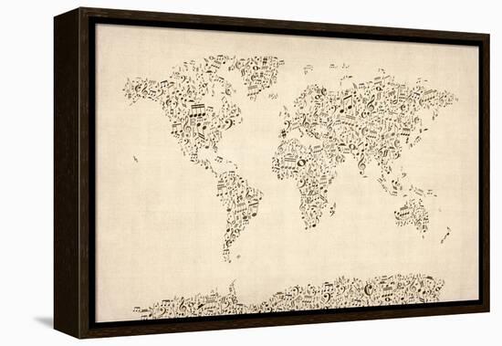 Music Notes Map of the World Map-Michael Tompsett-Framed Stretched Canvas