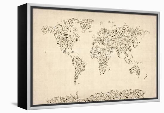 Music Notes Map of the World Map-Michael Tompsett-Framed Stretched Canvas