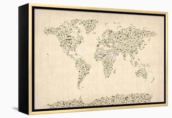 Music Notes Map of the World Map-Michael Tompsett-Framed Stretched Canvas