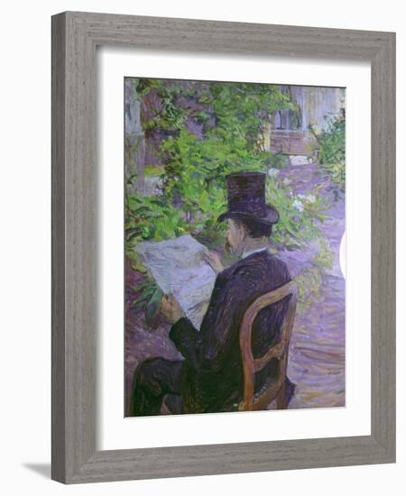 Musician Desire Dihau Reading a Newspaper in the Garden-Henri de Toulouse-Lautrec-Framed Art Print