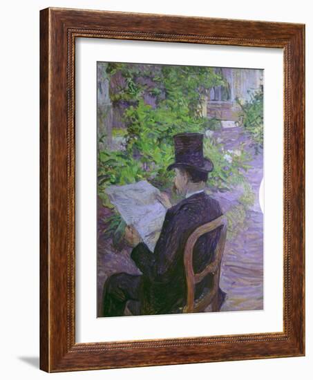 Musician Desire Dihau Reading a Newspaper in the Garden-Henri de Toulouse-Lautrec-Framed Art Print