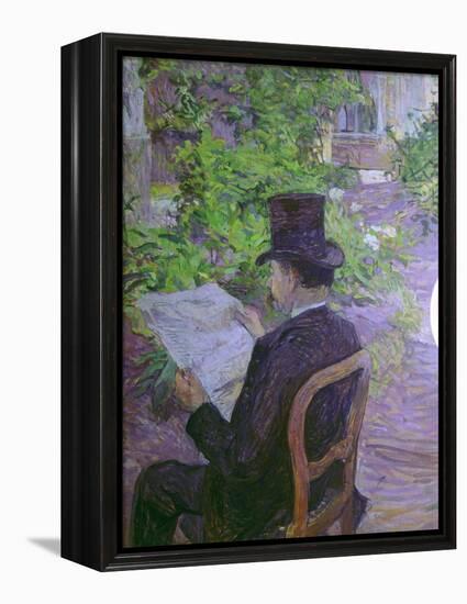 Musician Desire Dihau Reading a Newspaper in the Garden-Henri de Toulouse-Lautrec-Framed Stretched Canvas