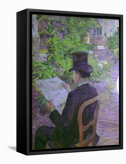 Musician Desire Dihau Reading a Newspaper in the Garden-Henri de Toulouse-Lautrec-Framed Stretched Canvas