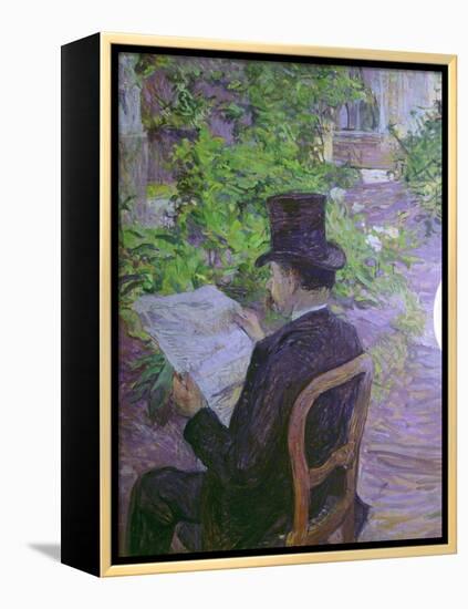 Musician Desire Dihau Reading a Newspaper in the Garden-Henri de Toulouse-Lautrec-Framed Stretched Canvas