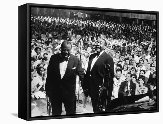 Musician Louis Armstrong and Tyree Glenn Performing "Hello Dolly" at the Steel Pier-John Loengard-Framed Premier Image Canvas