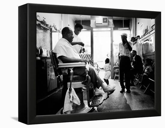 Musician Louis Armstrong in His Neighborhood Barber Shop-John Loengard-Framed Premier Image Canvas