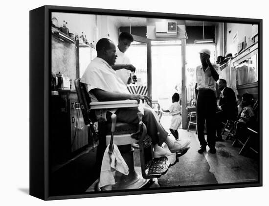 Musician Louis Armstrong in His Neighborhood Barber Shop-John Loengard-Framed Premier Image Canvas