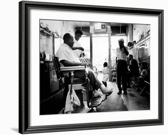 Musician Louis Armstrong in His Neighborhood Barber Shop-John Loengard-Framed Premium Photographic Print