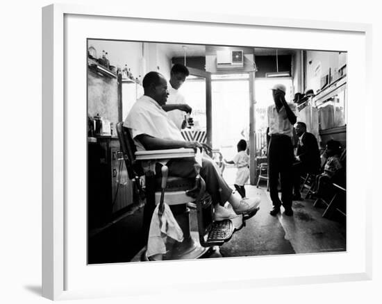 Musician Louis Armstrong in His Neighborhood Barber Shop-John Loengard-Framed Premium Photographic Print