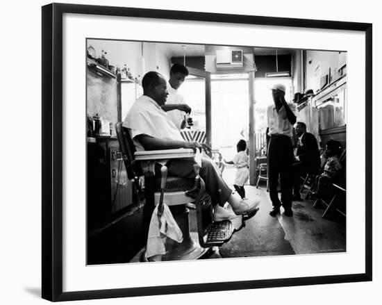 Musician Louis Armstrong in His Neighborhood Barber Shop-John Loengard-Framed Premium Photographic Print