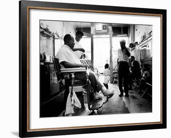 Musician Louis Armstrong in His Neighborhood Barber Shop-John Loengard-Framed Premium Photographic Print