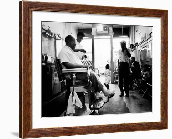 Musician Louis Armstrong in His Neighborhood Barber Shop-John Loengard-Framed Premium Photographic Print