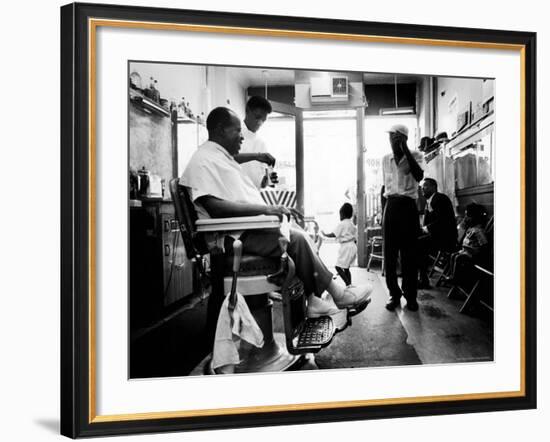 Musician Louis Armstrong in His Neighborhood Barber Shop-John Loengard-Framed Premium Photographic Print