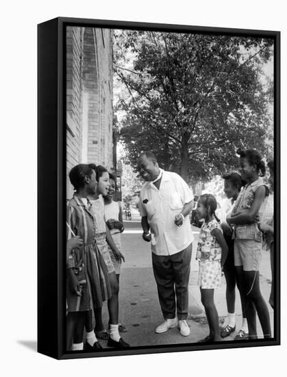 Musician Louis Armstrong with Neighborhood Kids-John Loengard-Framed Premier Image Canvas