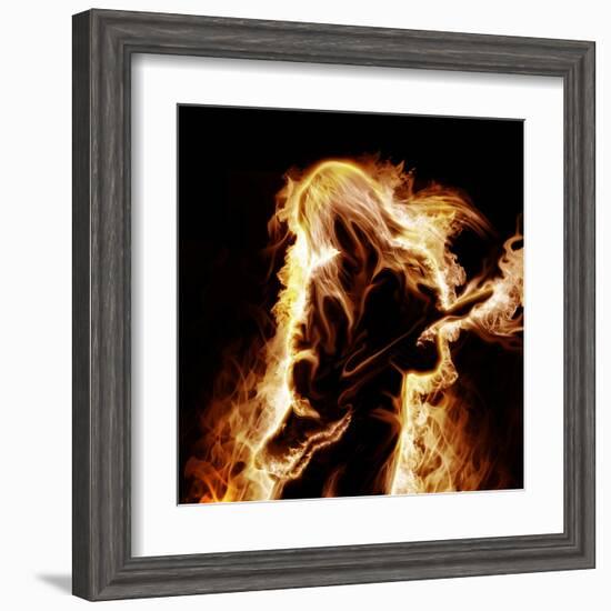 Musician With An Electronic Guitar Enveloped In Flames On A Black Background-Sergey Nivens-Framed Art Print